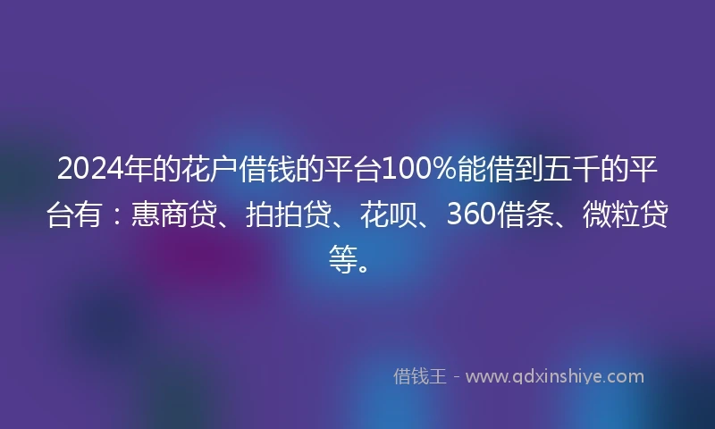 2024年的花户借钱的平台100%能借到五千的平台有：惠商贷、拍拍贷、花呗、360借条、微粒贷等。