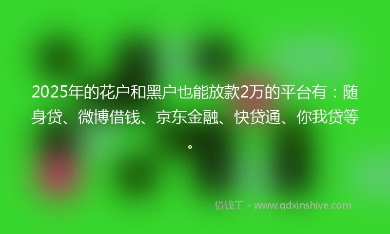 2025年的花户和黑户也能放款2万的平台有：随身贷、微博借钱、京东金融、快贷通、你我贷等。