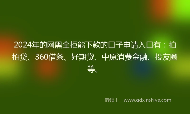 2024年的网黑全拒能下款的口子申请入口有：拍拍贷、360借条、好期贷、中原消费金融、投友圈等。