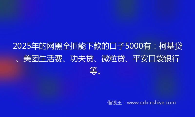 2025年的网黑全拒能下款的口子5000有：柯基贷、美团生活费、功夫贷、微粒贷、平安口袋银行等。