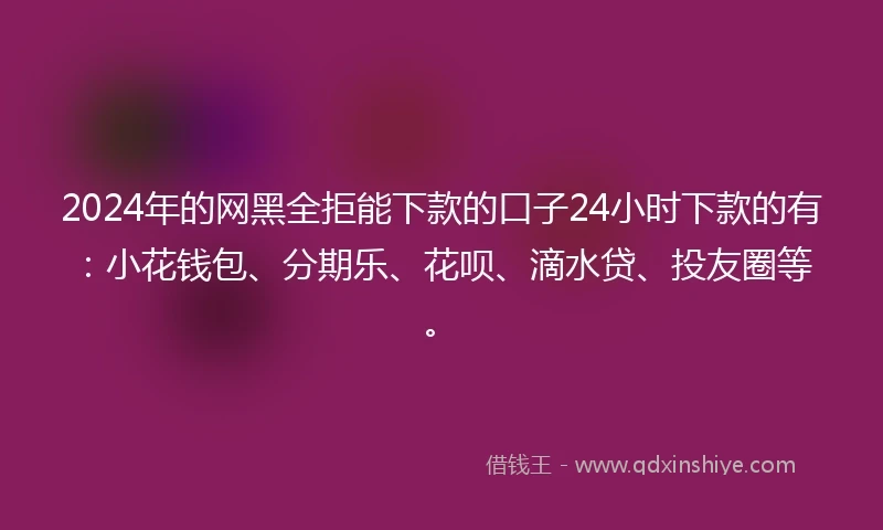 2024年的网黑全拒能下款的口子24小时下款的有：小花钱包、分期乐、花呗、滴水贷、投友圈等。