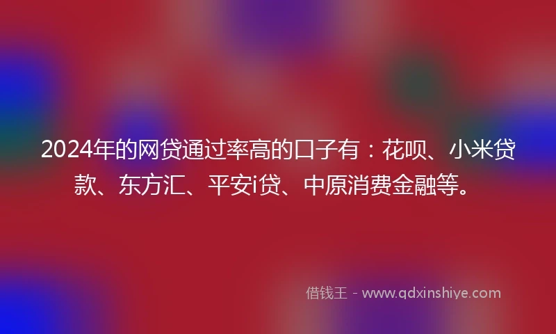2024年的网贷通过率高的口子有：花呗、小米贷款、东方汇、平安i贷、中原消费金融等。