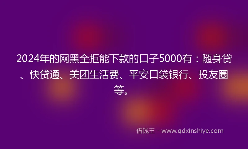 2024年的网黑全拒能下款的口子5000有：随身贷、快贷通、美团生活费、平安口袋银行、投友圈等。