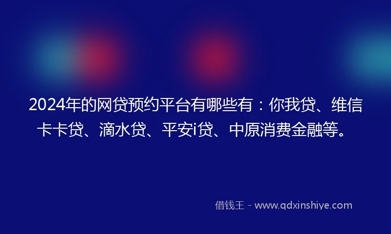2024年的网贷预约平台有哪些有：你我贷、维信卡卡贷、滴水贷、平安i贷、中原消费金融等。