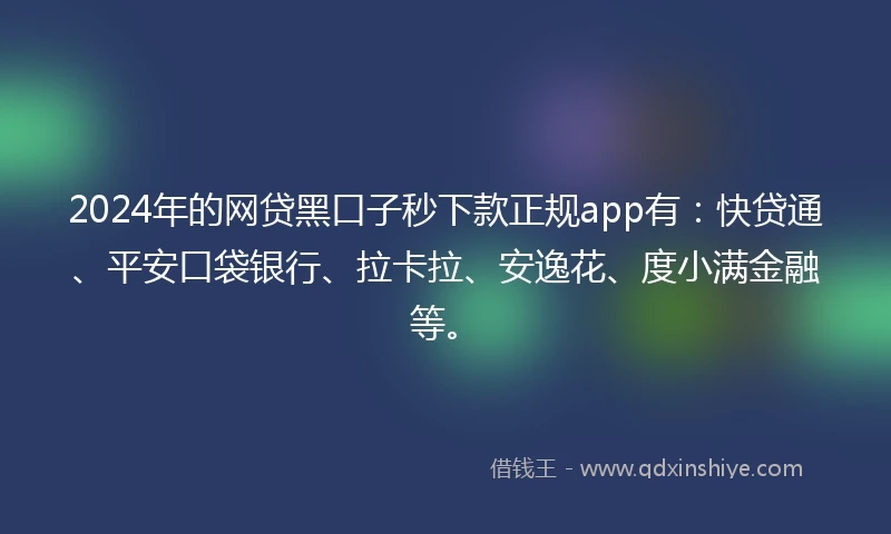 2024年的网贷黑口子秒下款正规app有：快贷通、平安口袋银行、拉卡拉、安逸花、度小满金融等。