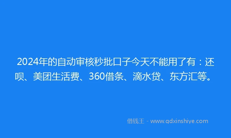 2024年的自动审核秒批口子今天不能用了有：还呗、美团生活费、360借条、滴水贷、东方汇等。