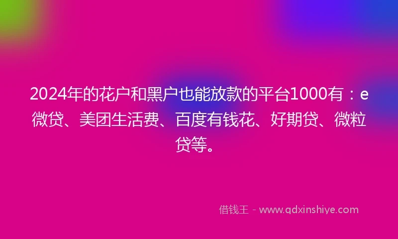 2024年的花户和黑户也能放款的平台1000有：e微贷、美团生活费、百度有钱花、好期贷、微粒贷等。