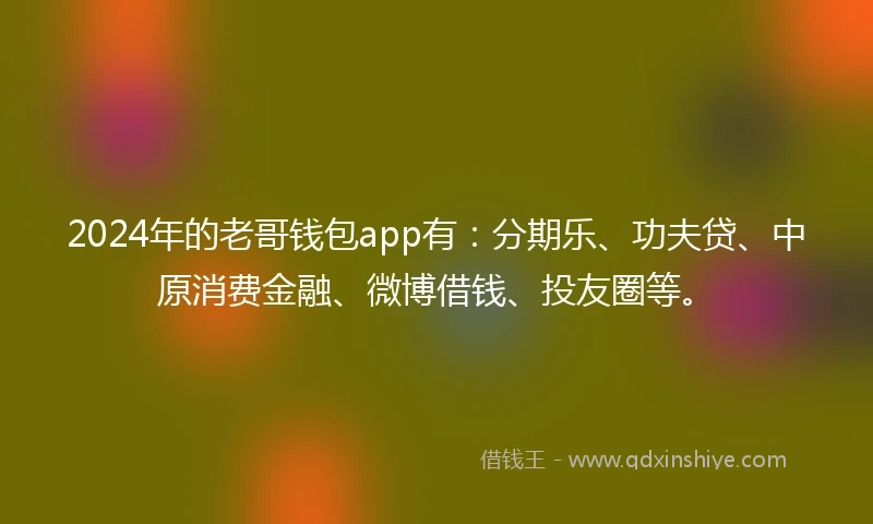2024年的老哥钱包app有：分期乐、功夫贷、中原消费金融、微博借钱、投友圈等。