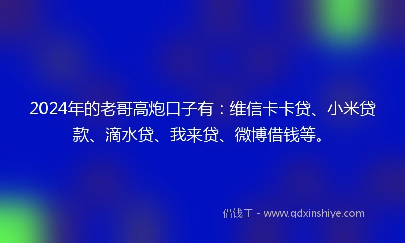 2024年的老哥高炮口子有：维信卡卡贷、小米贷款、滴水贷、我来贷、微博借钱等。