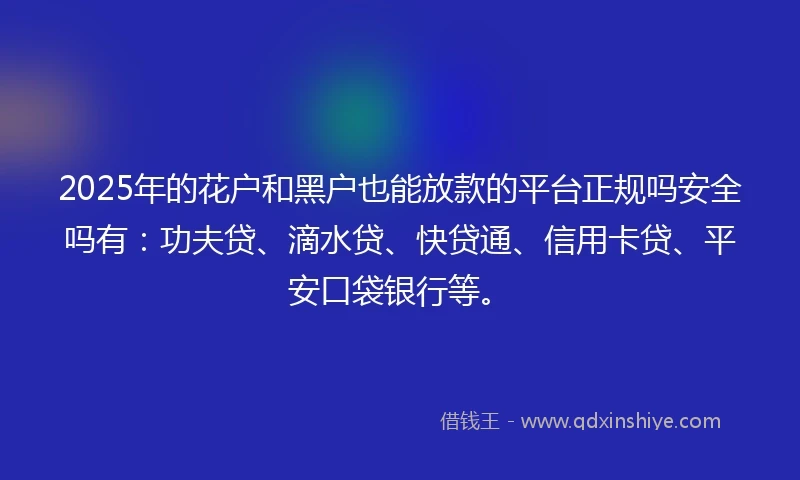 2025年的花户和黑户也能放款的平台正规吗安全吗有：功夫贷、滴水贷、快贷通、信用卡贷、平安口袋银行等。