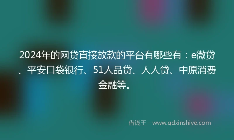 2024年的网贷直接放款的平台有哪些有：e微贷、平安口袋银行、51人品贷、人人贷、中原消费金融等。