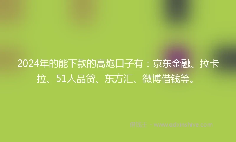2024年的能下款的高炮口子有：京东金融、拉卡拉、51人品贷、东方汇、微博借钱等。