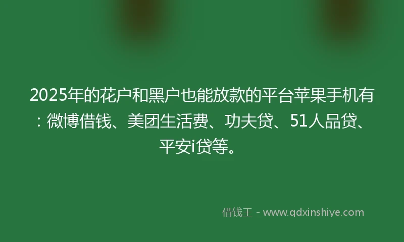 2025年的花户和黑户也能放款的平台苹果手机有：微博借钱、美团生活费、功夫贷、51人品贷、平安i贷等。