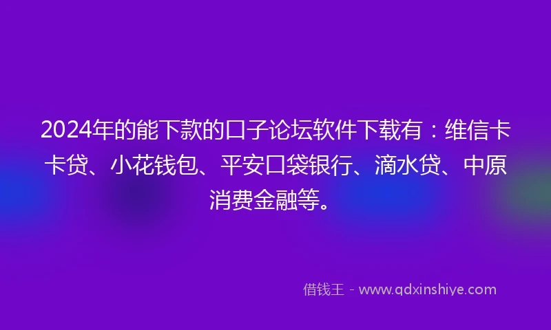 2024年的能下款的口子论坛软件下载有：维信卡卡贷、小花钱包、平安口袋银行、滴水贷、中原消费金融等。