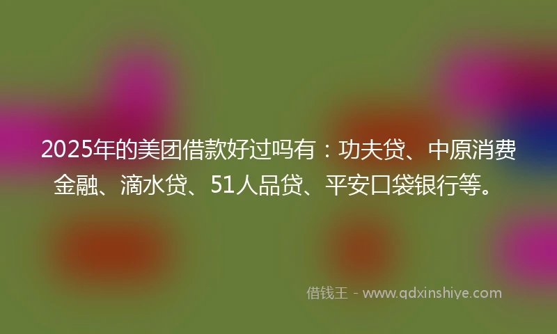 2025年的美团借款好过吗有：功夫贷、中原消费金融、滴水贷、51人品贷、平安口袋银行等。