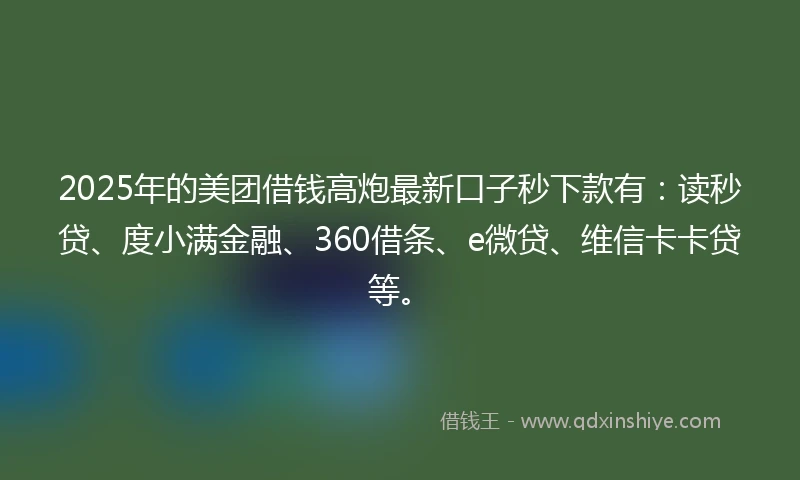 2025年的美团借钱高炮最新口子秒下款有：读秒贷、度小满金融、360借条、e微贷、维信卡卡贷等。