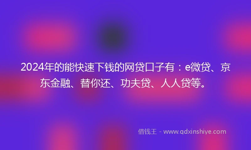 2024年的能快速下钱的网贷口子有：e微贷、京东金融、替你还、功夫贷、人人贷等。