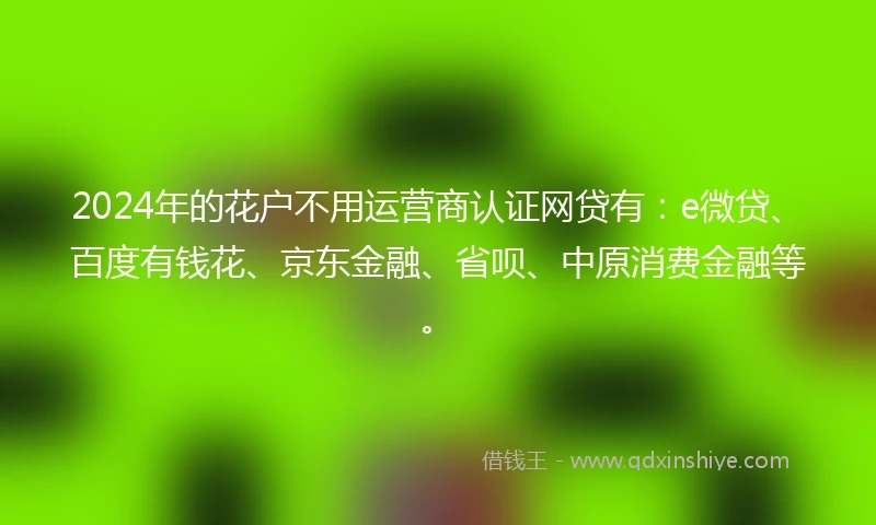 2024年的花户不用运营商认证网贷有：e微贷、百度有钱花、京东金融、省呗、中原消费金融等。