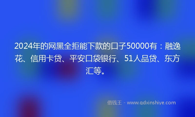 2024年的网黑全拒能下款的口子50000有：融逸花、信用卡贷、平安口袋银行、51人品贷、东方汇等。