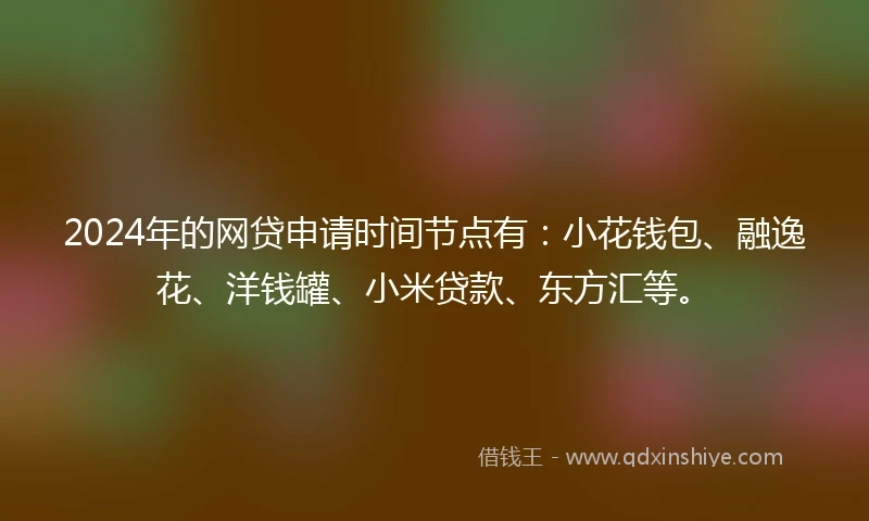 2024年的网贷申请时间节点有：小花钱包、融逸花、洋钱罐、小米贷款、东方汇等。