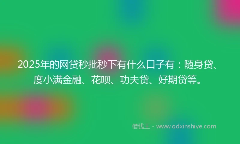 2025年的网贷秒批秒下有什么口子有：随身贷、度小满金融、花呗、功夫贷、好期贷等。