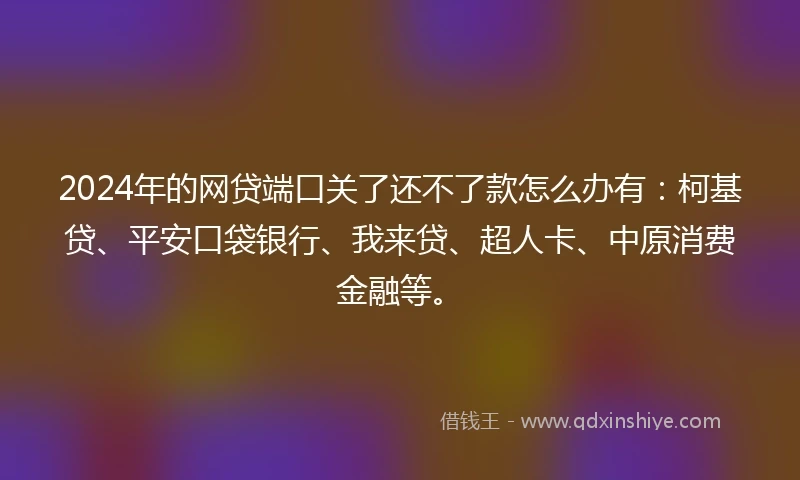 2024年的网贷端口关了还不了款怎么办有：柯基贷、平安口袋银行、我来贷、超人卡、中原消费金融等。