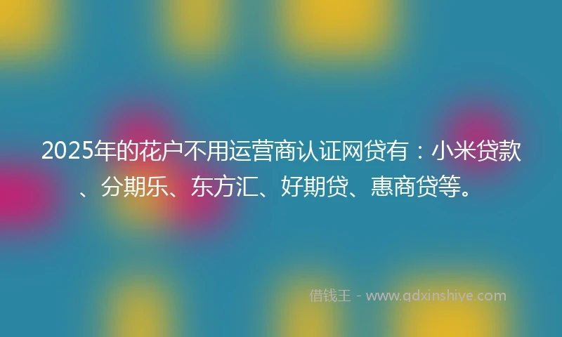 2025年的花户不用运营商认证网贷有：小米贷款、分期乐、东方汇、好期贷、惠商贷等。
