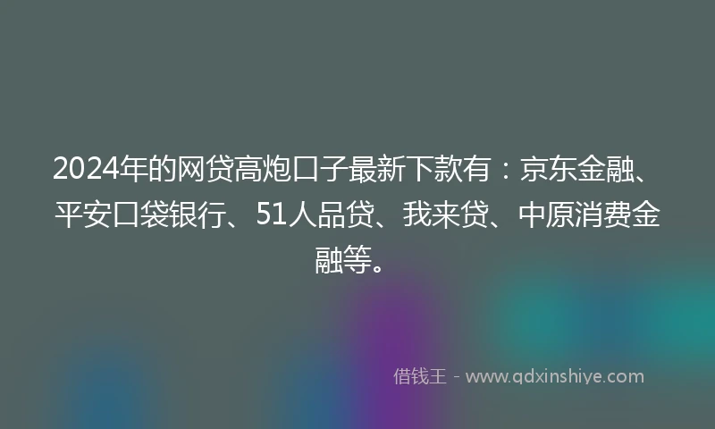 2024年的网贷高炮口子最新下款有：京东金融、平安口袋银行、51人品贷、我来贷、中原消费金融等。