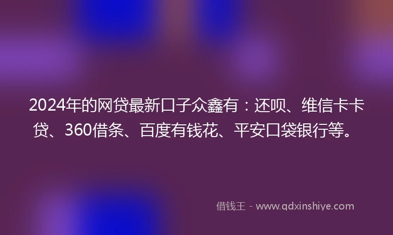 2024年的网贷最新口子众鑫有：还呗、维信卡卡贷、360借条、百度有钱花、平安口袋银行等。