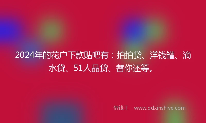 2024年的花户下款贴吧有：拍拍贷、洋钱罐、滴水贷、51人品贷、替你还等。