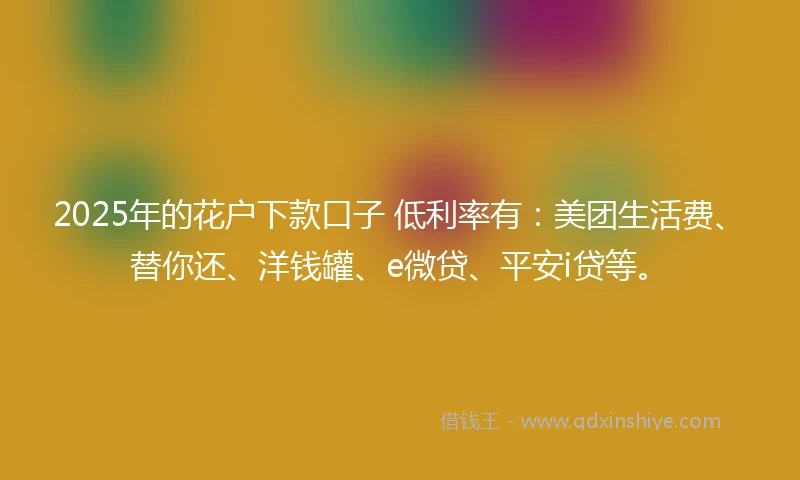 2025年的花户下款口子 低利率有：美团生活费、替你还、洋钱罐、e微贷、平安i贷等。