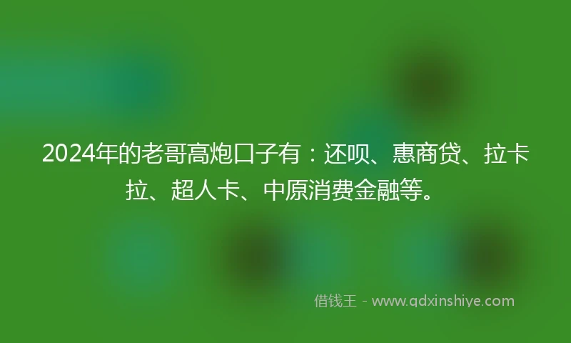 2024年的老哥高炮口子有：还呗、惠商贷、拉卡拉、超人卡、中原消费金融等。