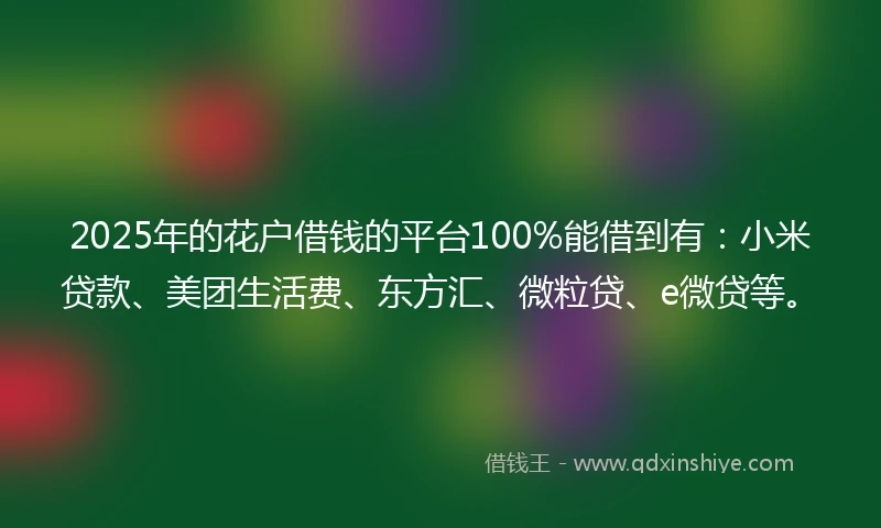 2025年的花户借钱的平台100%能借到有：小米贷款、美团生活费、东方汇、微粒贷、e微贷等。