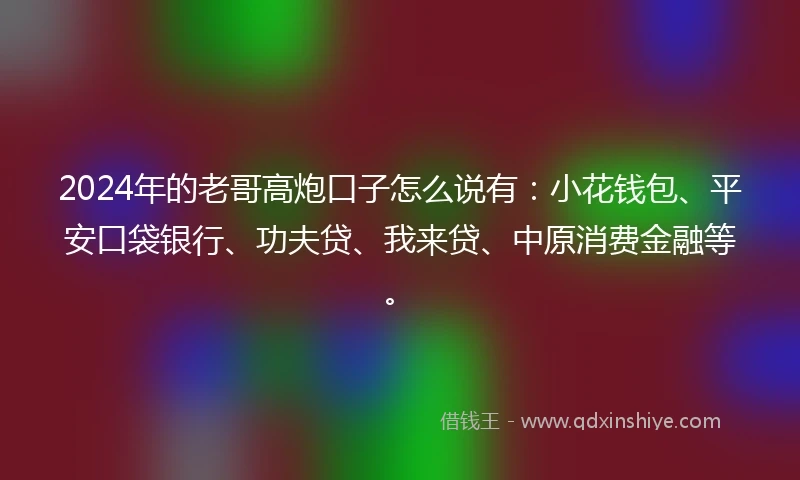 2024年的老哥高炮口子怎么说有：小花钱包、平安口袋银行、功夫贷、我来贷、中原消费金融等。