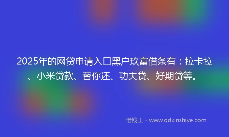 2025年的网贷申请入口黑户玖富借条有：拉卡拉、小米贷款、替你还、功夫贷、好期贷等。