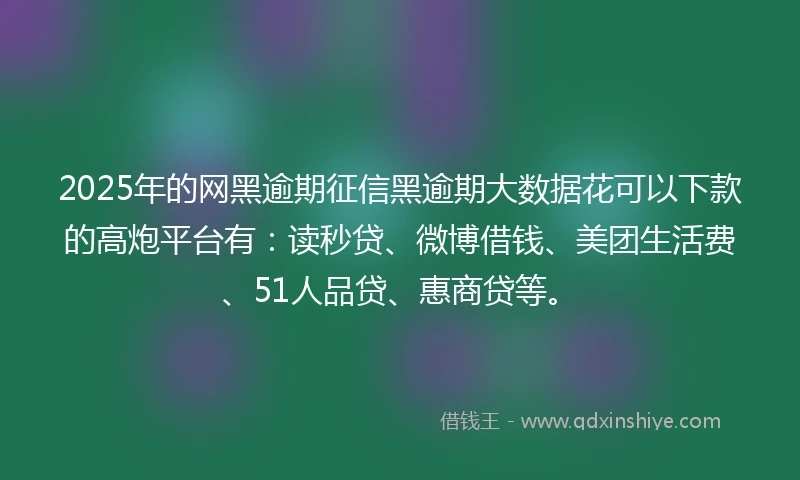 2025年的网黑逾期征信黑逾期大数据花可以下款的高炮平台有：读秒贷、微博借钱、美团生活费、51人品贷、惠商贷等。