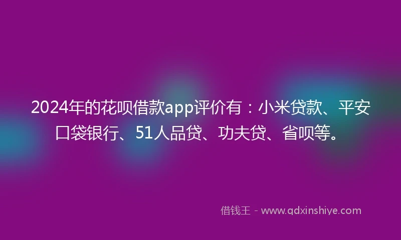 2024年的花呗借款app评价有：小米贷款、平安口袋银行、51人品贷、功夫贷、省呗等。