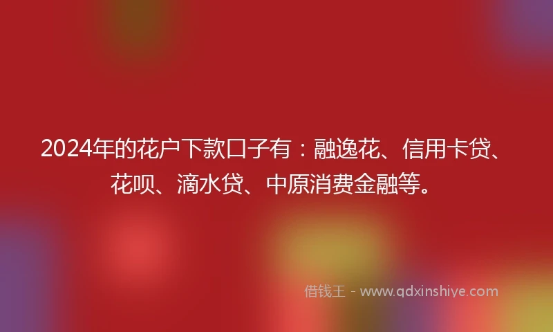 2024年的花户下款口子有：融逸花、信用卡贷、花呗、滴水贷、中原消费金融等。