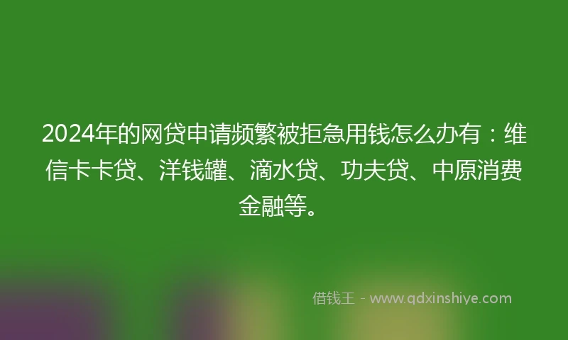 2024年的网贷申请频繁被拒急用钱怎么办有：维信卡卡贷、洋钱罐、滴水贷、功夫贷、中原消费金融等。