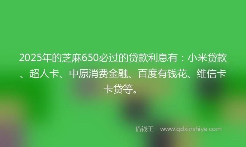 2025年的芝麻650必过的贷款利息有：小米贷款、超人卡、中原消费金融、百度有钱花、维信卡卡贷等。
