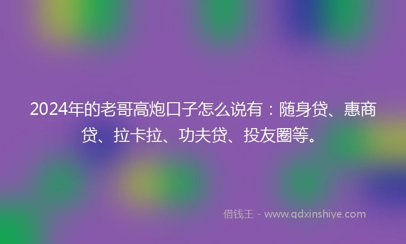 2024年的老哥高炮口子怎么说有：随身贷、惠商贷、拉卡拉、功夫贷、投友圈等。
