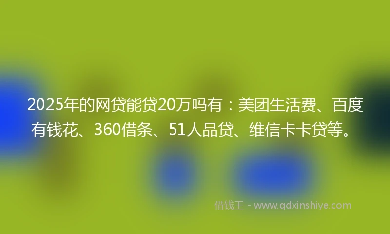 2025年的网贷能贷20万吗有：美团生活费、百度有钱花、360借条、51人品贷、维信卡卡贷等。