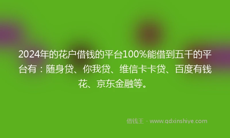 2024年的花户借钱的平台100%能借到五千的平台有：随身贷、你我贷、维信卡卡贷、百度有钱花、京东金融等。