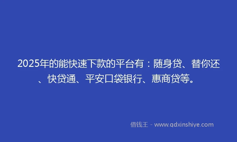 2025年的能快速下款的平台有：随身贷、替你还、快贷通、平安口袋银行、惠商贷等。