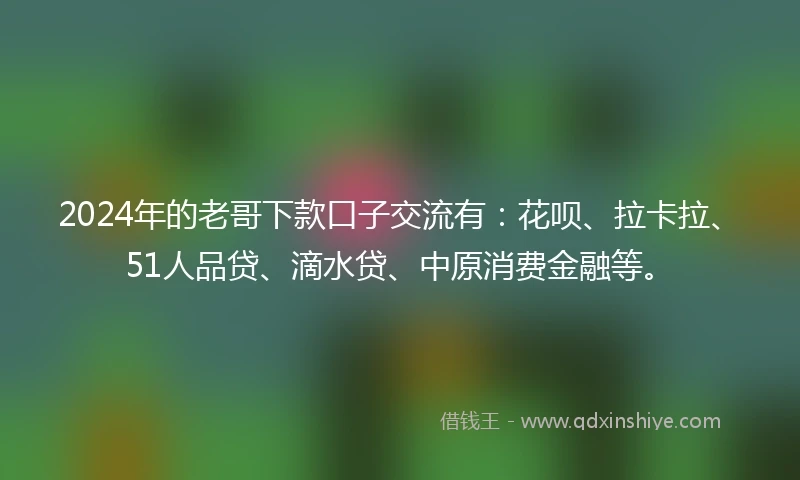 2024年的老哥下款口子交流有：花呗、拉卡拉、51人品贷、滴水贷、中原消费金融等。