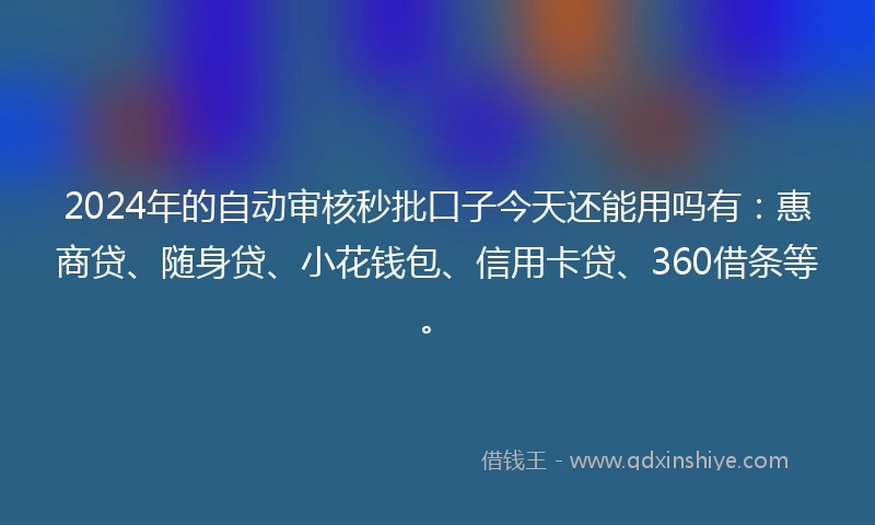 2024年的自动审核秒批口子今天还能用吗有：惠商贷、随身贷、小花钱包、信用卡贷、360借条等。
