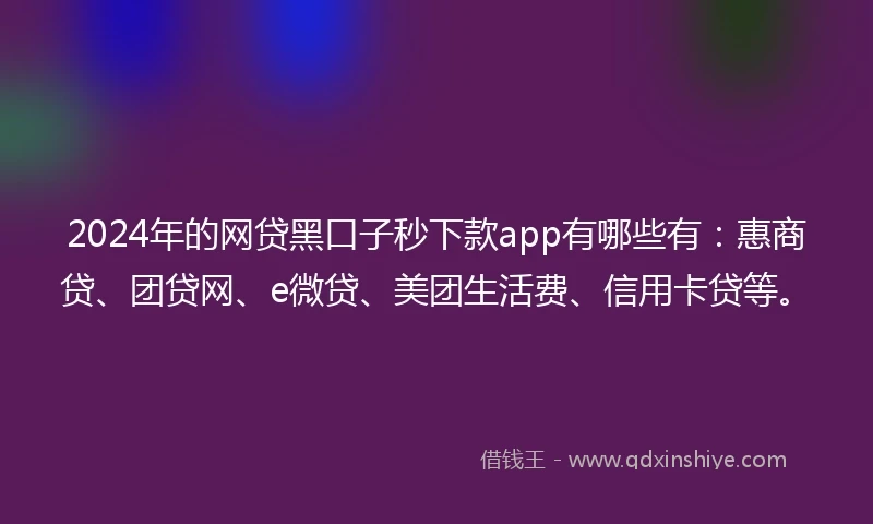2024年的网贷黑口子秒下款app有哪些有：惠商贷、团贷网、e微贷、美团生活费、信用卡贷等。