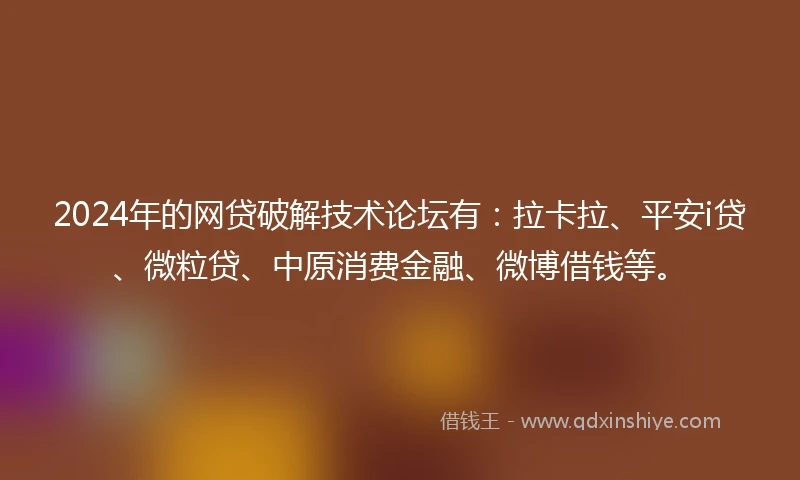 2024年的网贷破解技术论坛有：拉卡拉、平安i贷、微粒贷、中原消费金融、微博借钱等。