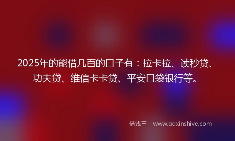2025年的能借几百的口子有：拉卡拉、读秒贷、功夫贷、维信卡卡贷、平安口袋银行等。