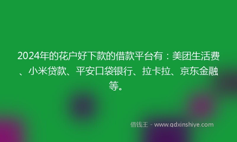 2024年的花户好下款的借款平台有：美团生活费、小米贷款、平安口袋银行、拉卡拉、京东金融等。